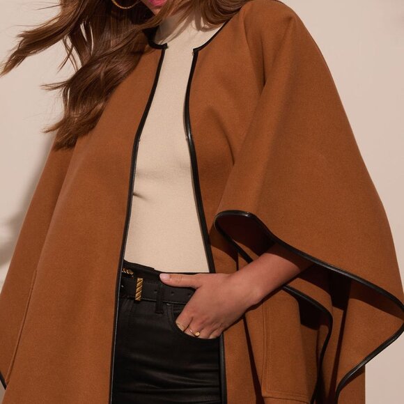 VICI Warm Welcome Contrast Trim Poncho Cape Camel Brown - Picture 4 of 15